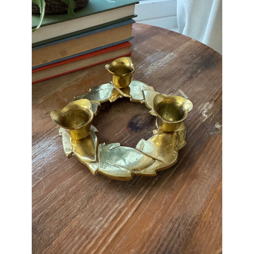 Vintage Solid Brass Wreath Candle Holder 3 Cup Leaf Design Centerpiece Gold Tone